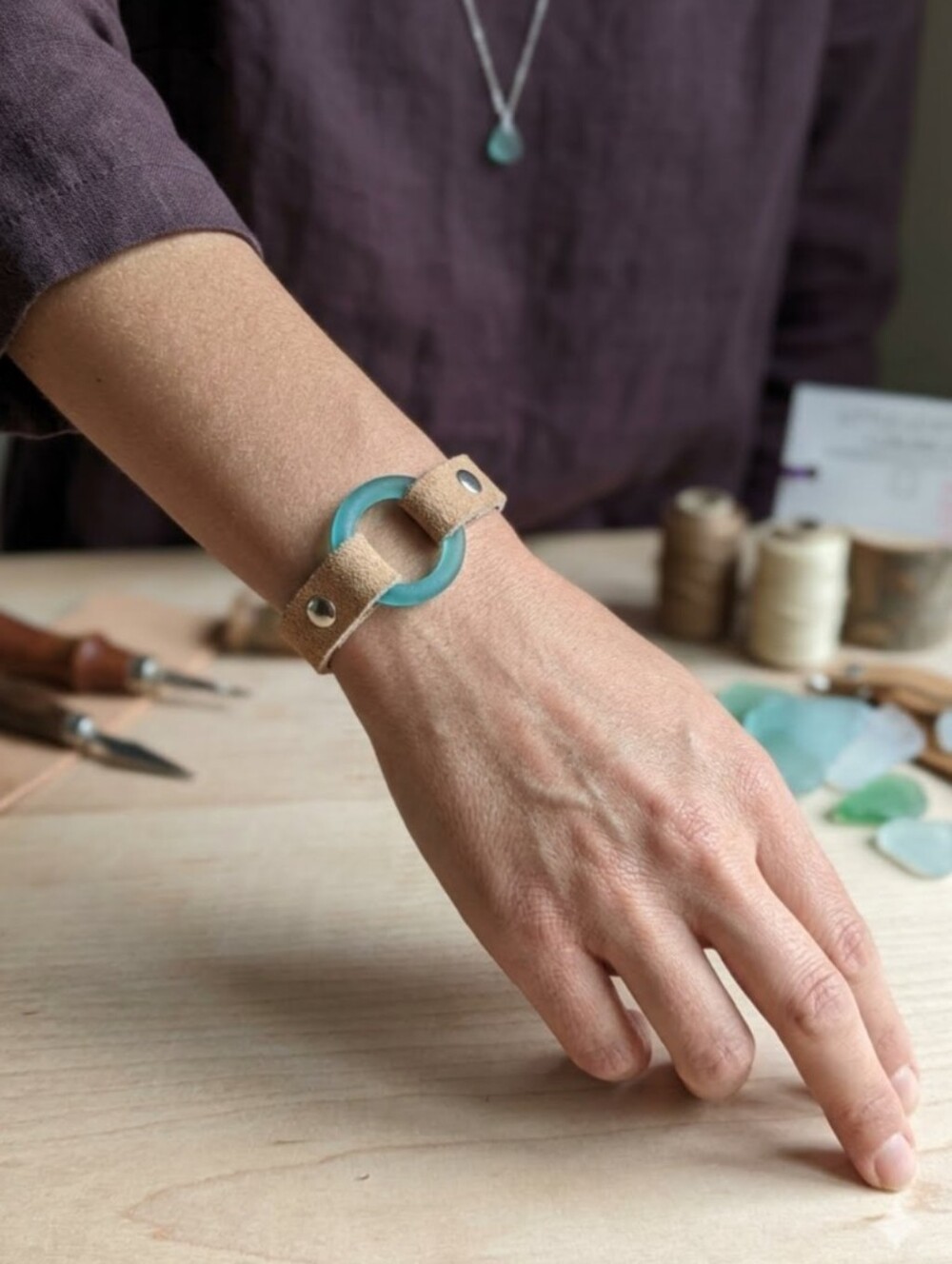 Handmade Genuine Suede Leather Karma Circle Bracelet Aqua Sea Glass Silver